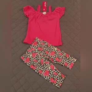 Pink Top and Floral Leopard Print Leggings Set